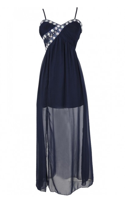 Evening Elegance Bold Embellished Maxi Dress in Navy